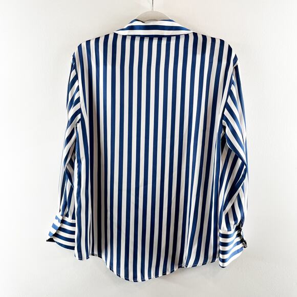 Zara Striped Print Long Sleeve Collared Button-Up Shirt Navy Blue White Medium - Picture 9 of 9